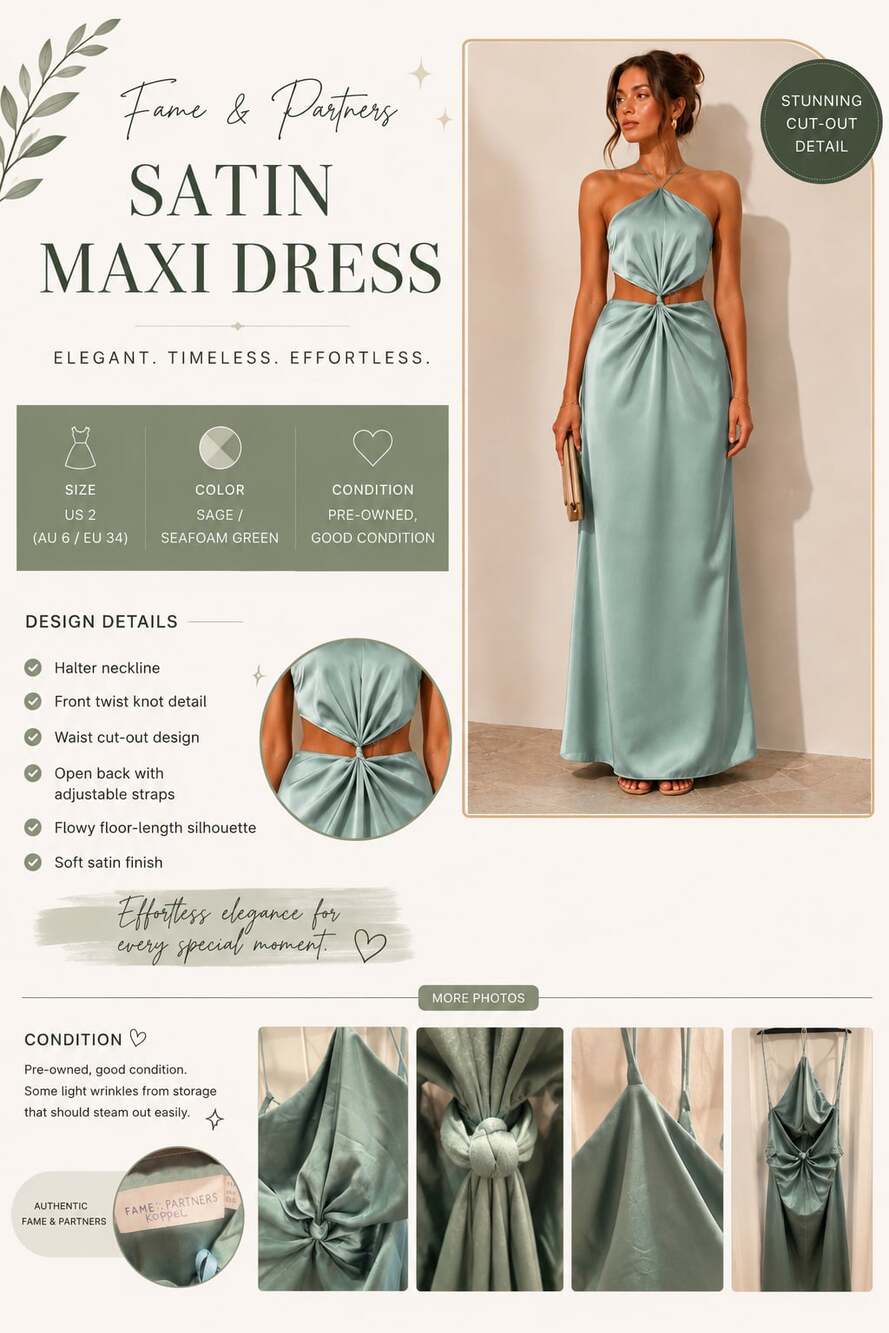 Fame & Partners Satin Maxi Dress Sage Green Size US 2
